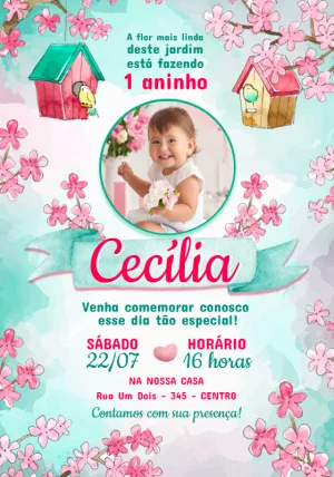 Convite Aniversário Jardim Encantado com Foto para Editar
