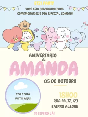 Convite de Aniversário BT21 com Foto para Editar Online