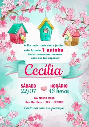Convite de Aniversário Jardim dos Passarinhos para Editar Online