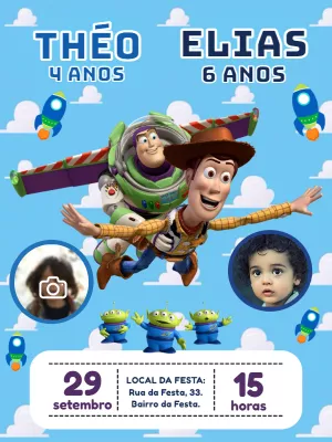 Convite Aniversário Duplo Toy Story com Foto para Editar