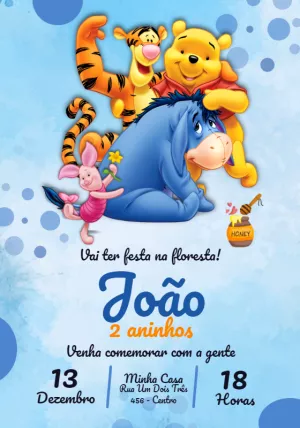 Convite Aniversário Ursinho Pooh Aquarela para Editar Online