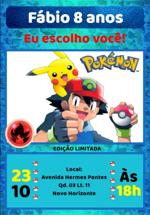Convite de Aniversário Pokémon com Ash e Pikachu Editável