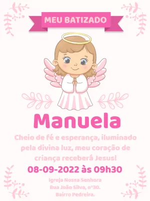 Convite de Batizado Anjinha Rosa para Editar Online