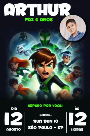 Convite de Aniversário Ben 10 com Foto para Editar Online