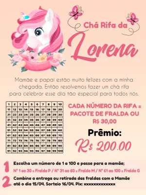 Convite Chá Rifa Unicórnio Menina para Editar e Imprimir