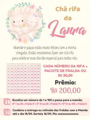 Rifa Chá de Bebê Coelhinha Delicada para Editar Online