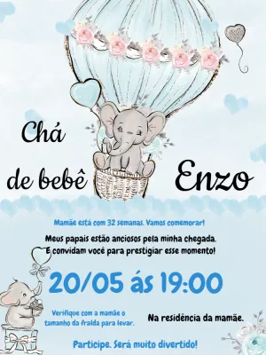 Convite Chá de Bebê Elefantinho no Balão para Editar Online