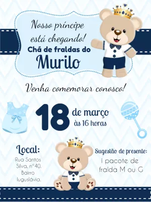 Convite Chá de Fraldas Ursinho Príncipe para Editar Online