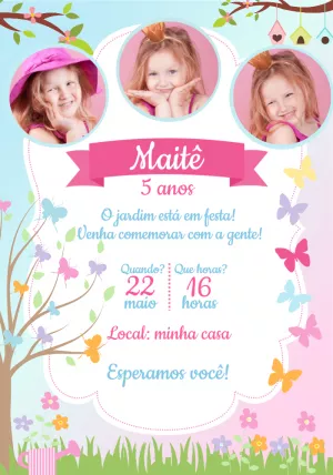 Convite Aniversário Jardim Encantado com Foto para Editar
