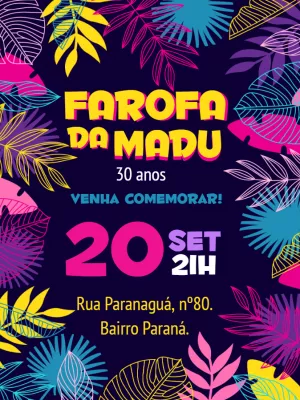 Convite de Aniversário Tropical com Folhas Coloridas para Editar