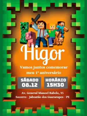 Convite de Aniversário Minecraft com Personagens para Editar Online