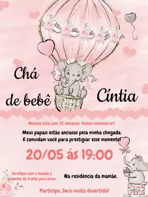 Convite Chá de Bebê Elefantinha no Balão para Editar Online