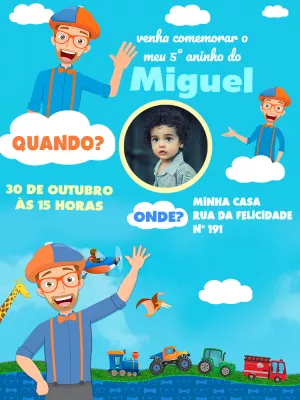 Convite de Aniversário Blippi com Foto para Editar Online