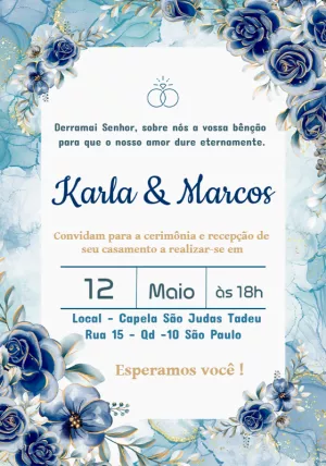 Convite de Casamento Floral Azul e Dourado para Editar Online