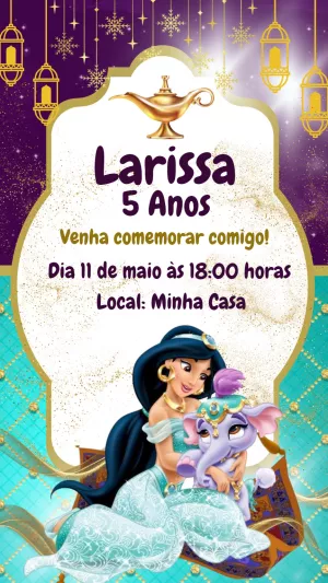 Convite de Aniversário Jasmine e Aladim para Editar Online
