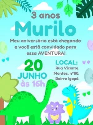 Convite de Aniversário Dinossauro Infantil para Editar Online