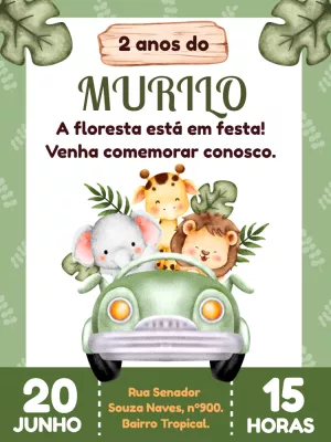 Convite Aniversário Safari com Animais Fofos para Editar