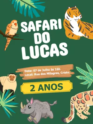 Convite de Aniversário Safari com Animais Fofos para Editar
