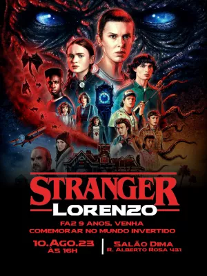 Convite Aniversário Stranger Things com Personagens para Editar