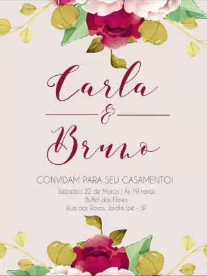 Convite de Casamento Floral Bordô Aquarela para Editar Online