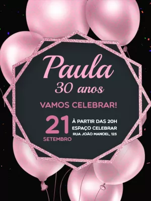 Convite de Aniversário Feminino Preto e Rosa com Balões para Editar