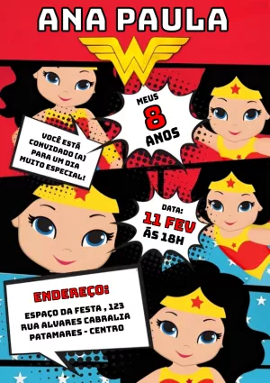 Convite Aniversário Mulher Maravilha Quadrinhos para Editar