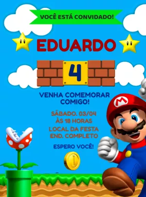 Convite de Aniversário Super Mario Bros para Editar Online