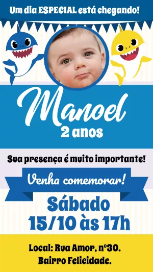 Convite de Aniversário Baby Shark com Foto para Editar Online