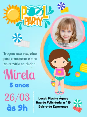 Convite Aniversário Pool Party com Foto para Editar Online