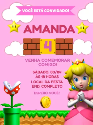 Convite Aniversário Princesa Peach Super Mario para Editar
