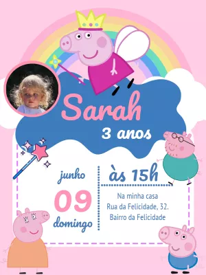 Convite Aniversário Peppa Pig Fada com Foto para Editar Online