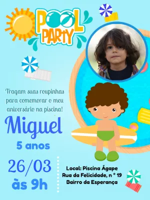 Convite Aniversário Pool Party com Foto para Editar Online