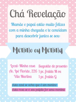 Convite Chá Revelação Rosa e Azul Poá para Editar Online
