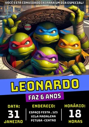 Convite de Aniversário Tartarugas Ninja para Editar Online