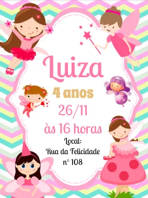 Convite de Aniversário Fadas com Fadinhas para Editar Online