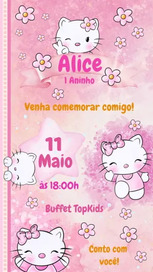 Convite de Aniversário Hello Kitty Rosa para Editar Online