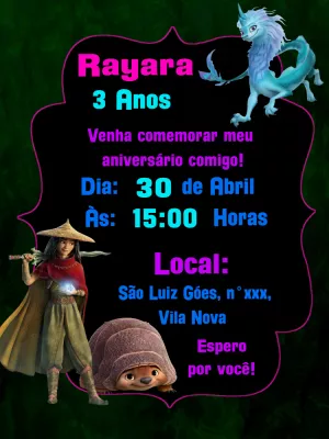 Convite Aniversário Raya e o último Dragão para Editar Online