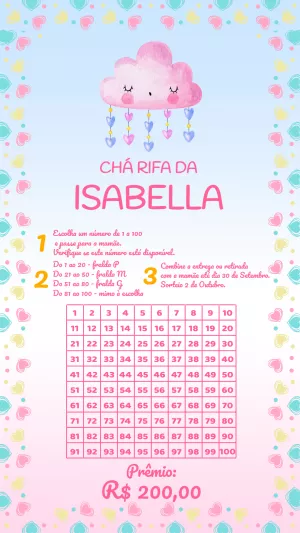 Chá Rifa Chuva de Amor com Nuvem Fofa para Editar e Imprimir