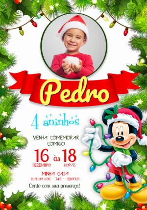 Convite Aniversário Mickey Natal com Foto para Editar Online