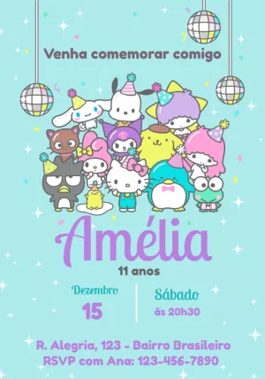 Convite Aniversário Hello Kitty e Amigos para Editar Online