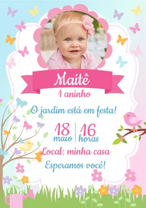 Convite Aniversário Jardim Encantado com Foto para Editar