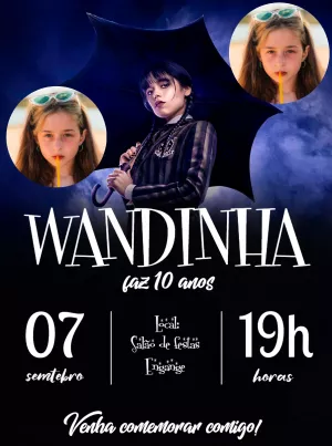 Convite Aniversário Wandinha com Foto para Editar Online