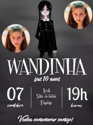 Convite Aniversário Wandinha Addams com Foto para Editar
