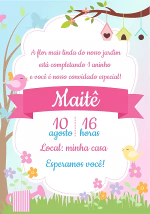 Convite Aniversário Jardim Encantado com Passarinhos para Editar