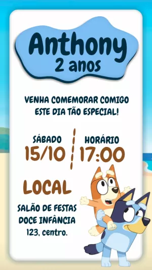 Convite de Aniversário Bluey e Bingo Editável Online