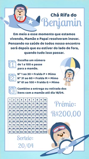 Convite Chá Rifa Ursinho Aviador para Editar Online