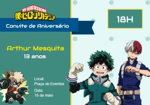Convite Aniversário My Hero Academia com Personagens para Editar