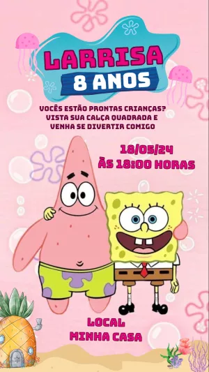 Convite Aniversário Bob Esponja Rosa para Editar Online