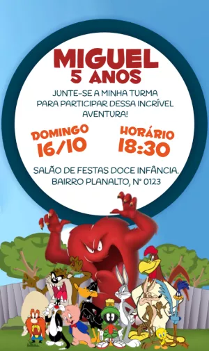 Convite de Aniversário Looney Tunes para Editar Online