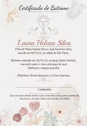 Certificado de Batismo Floral Delicado para Editar Online